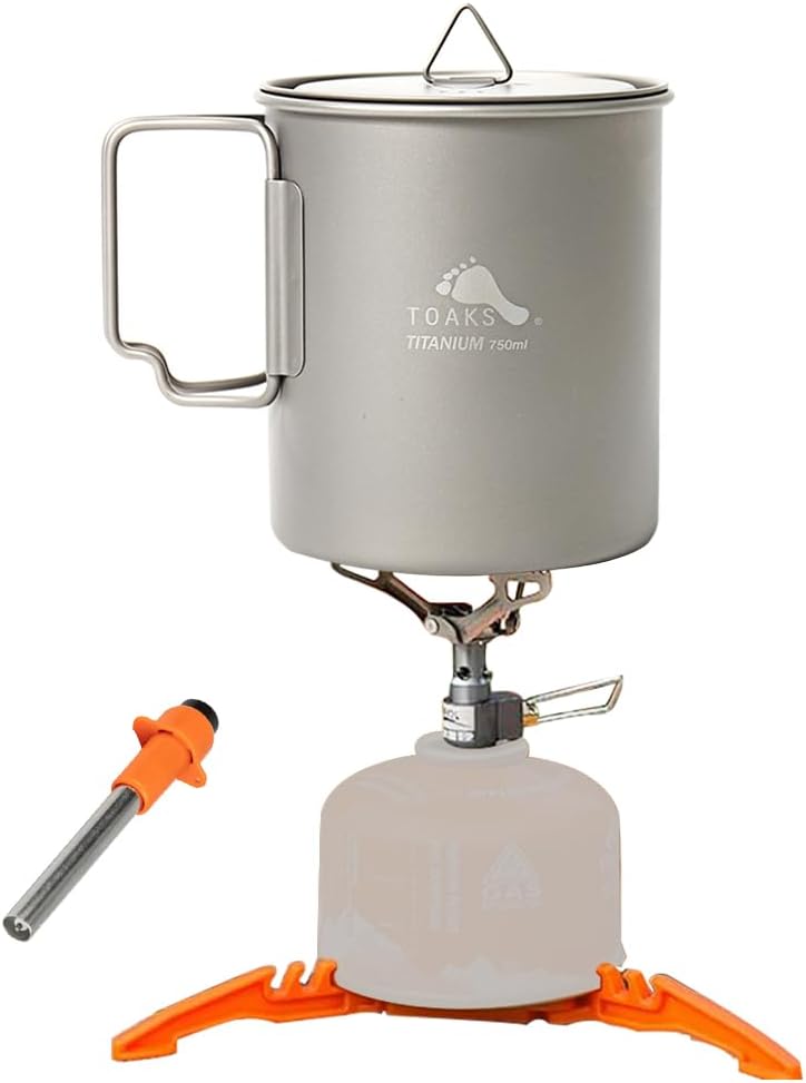TOAKS Titanium 750ml Pot with BRS 3000T Stove Cooking System with Fuel Can Stabilizer
